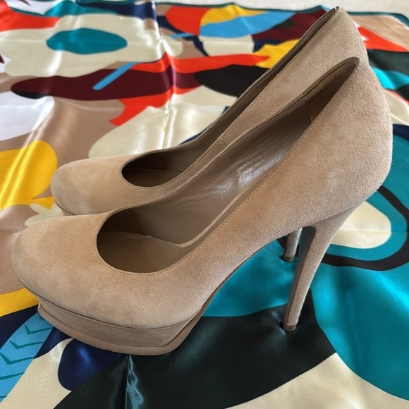 Yves Saint Laurent Suede Cream Platform Pumps Stiletto Heels Neutral Italy - Picture 7 of 16